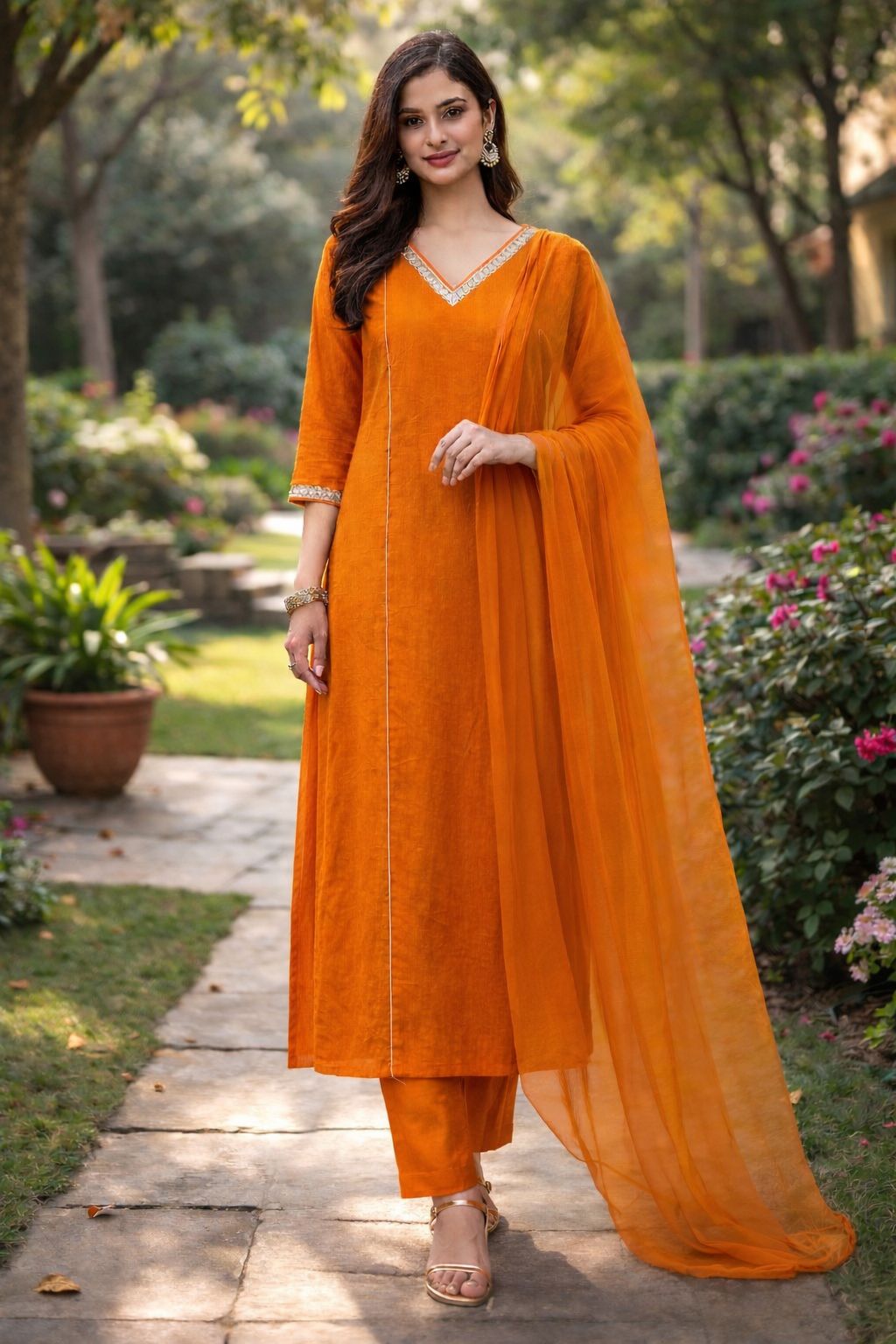 MUSTARD LACE DETAILING KURTA SET WITH DUPATTA